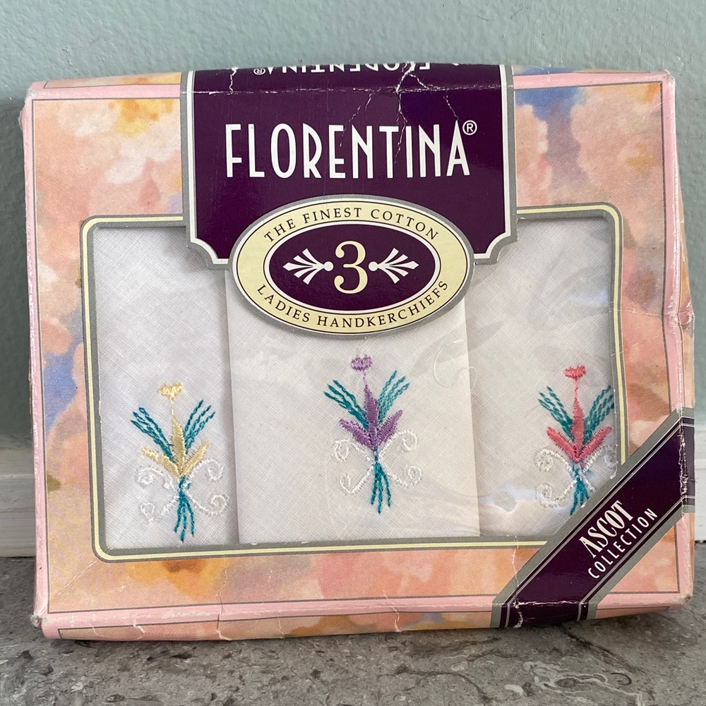 FREE with any PURCHASE White Cotton Handkerchief Set of 3 w Embroidered Accents